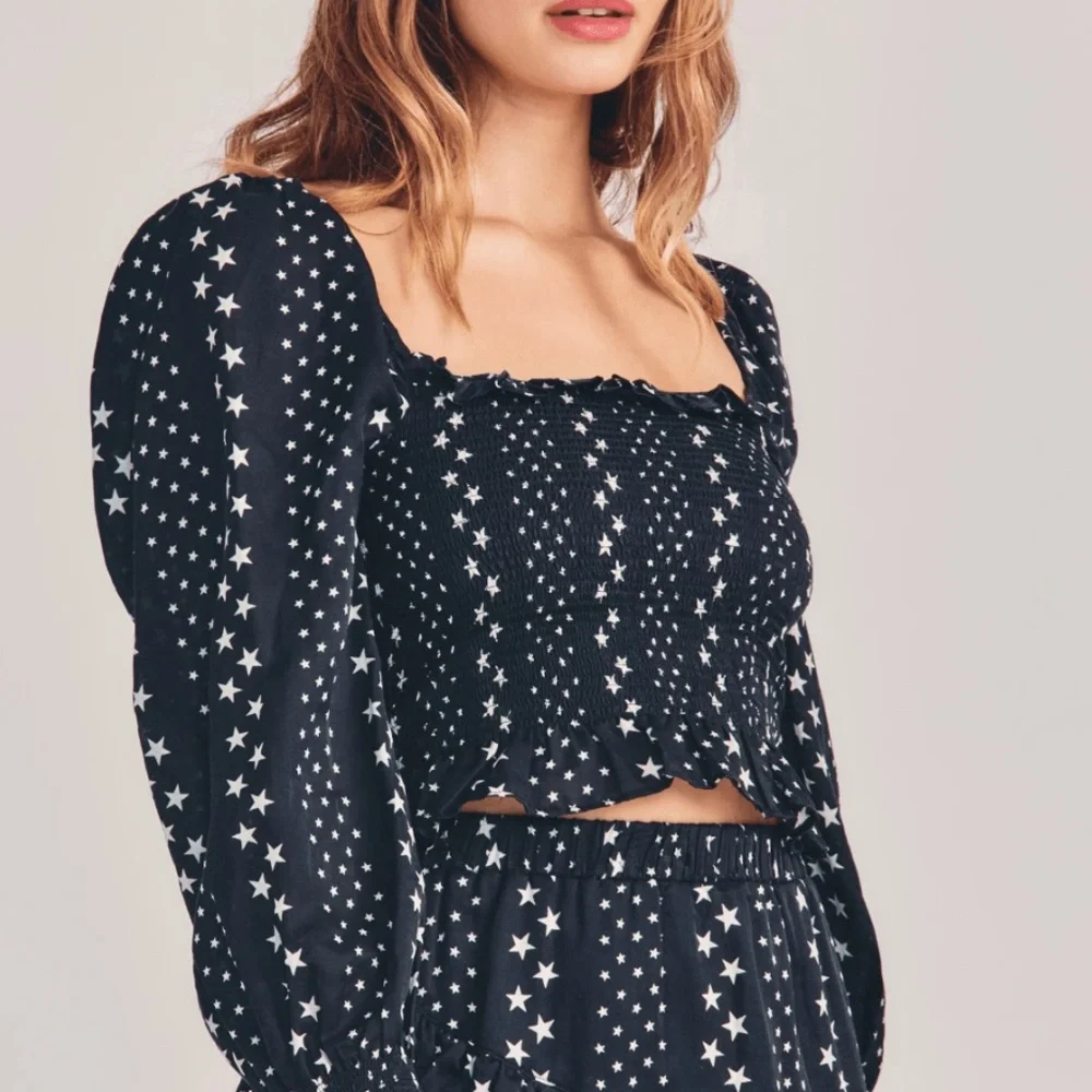 LoveShackFancy Russell Silk Black & White Star Top, NEW